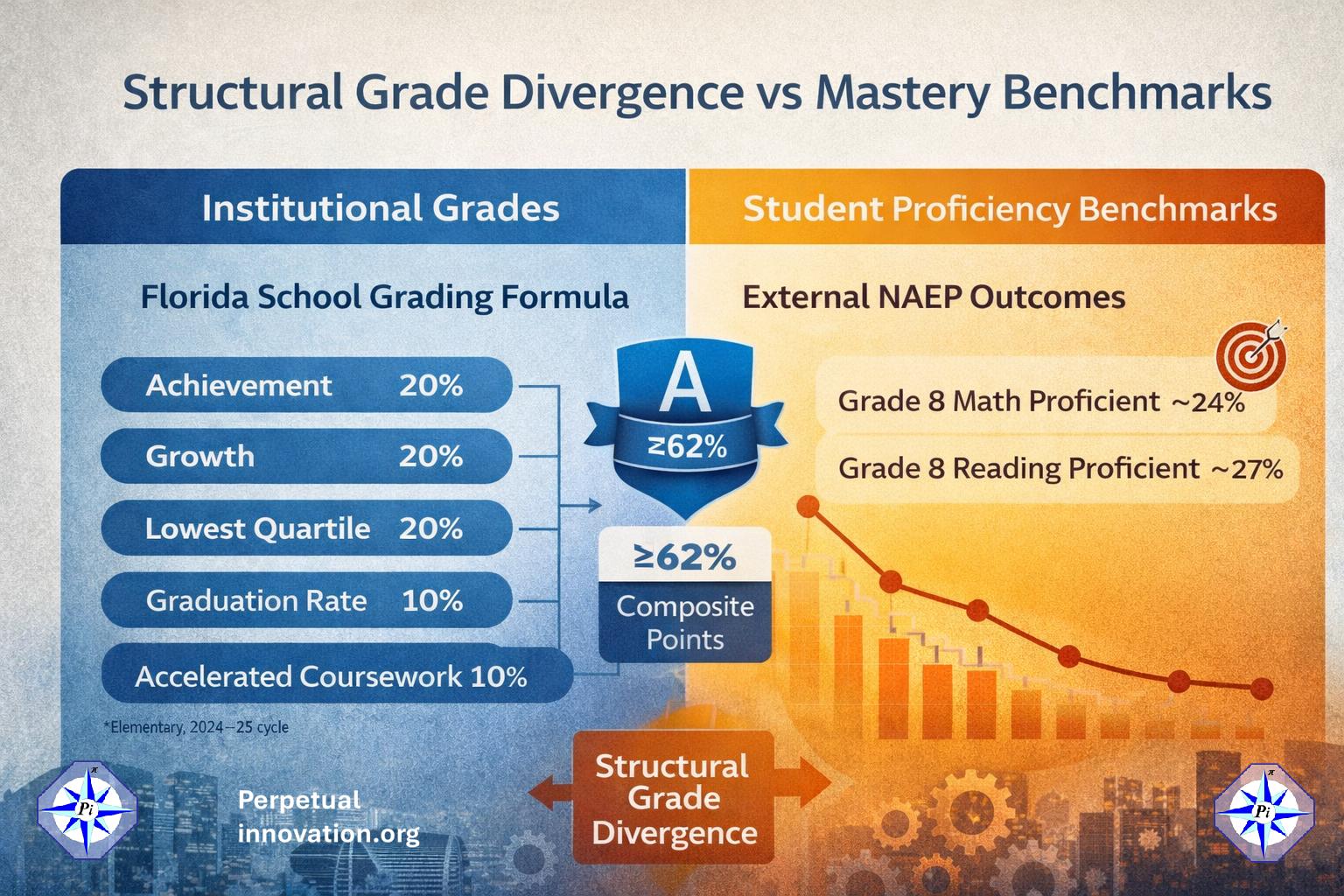 Report card showing a large A grade alongside a declining performance graph representing structural grade divergence in education accountability systems.