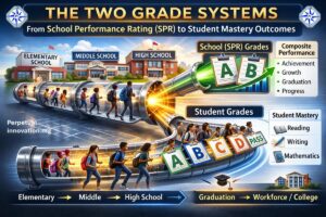 Infographic titled “The Two Grade System in Florida” showing students moving through an education pipeline from elementary to high school, splitting into School Performance Ratings (SPR) of A and B and individual student grades of A, B, C, D, and Pass.