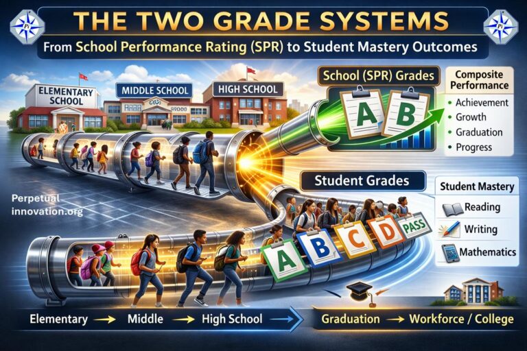 Infographic titled “The Two Grade System in Florida” showing students moving through an education pipeline from elementary to high school, splitting into School Performance Ratings (SPR) of A and B and individual student grades of A, B, C, D, and Pass.