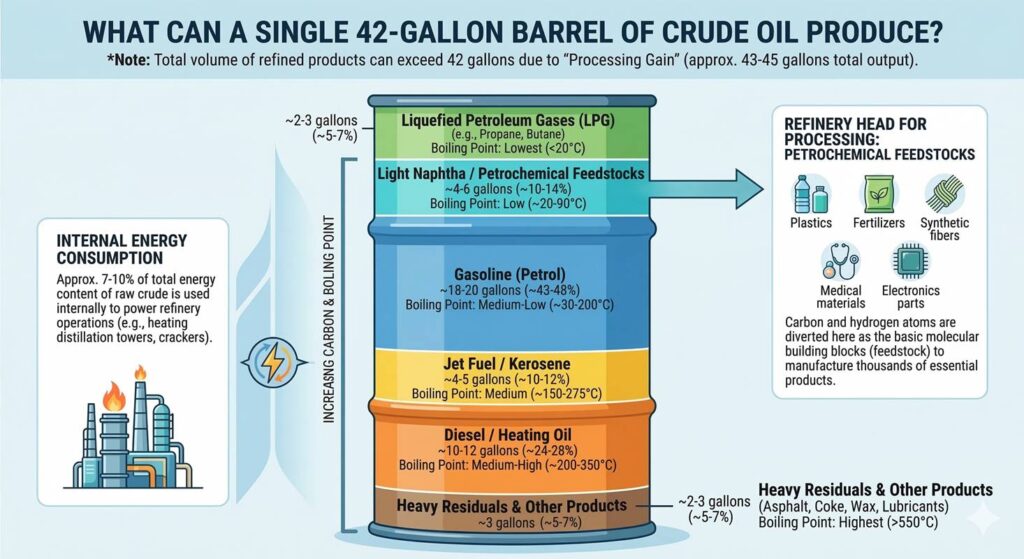 Breakdown of refined products from a 42-gallon crude oil barrel.