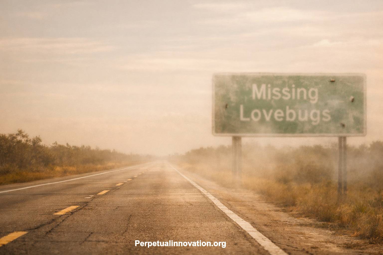 Missing lovebugs sign fading on an empty Florida highway symbolizing environmental and climate warning signs
