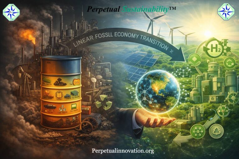 Conceptual illustration of industrial transition from fossil systems to regenerative economic networks.