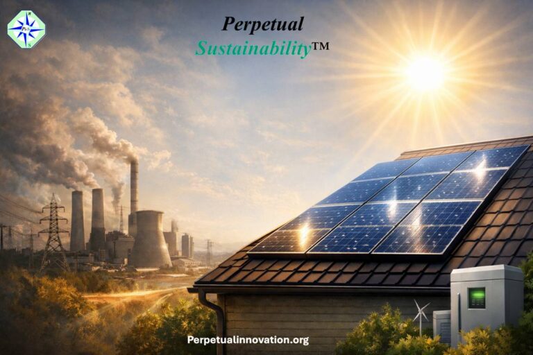 Residential rooftop solar panels generating clean energy while fossil fuel power plant sits in the distant background under bright sun