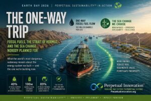 Oil tanker transiting the Strait of Hormuz alongside wind and solar infrastructure, representing the global shift from fossil fuel dependency to renewable energy systems