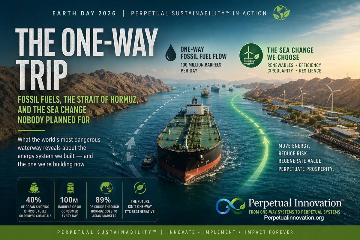Oil tanker transiting the Strait of Hormuz alongside wind and solar infrastructure, representing the global shift from fossil fuel dependency to renewable energy systems