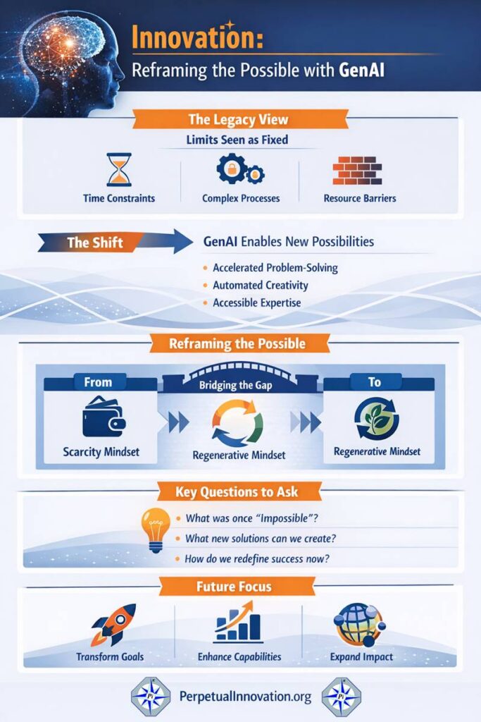 Innovation reframing the possible with GenAI infographic showing shift from constraints to expanded capabilities and regenerative mindset
