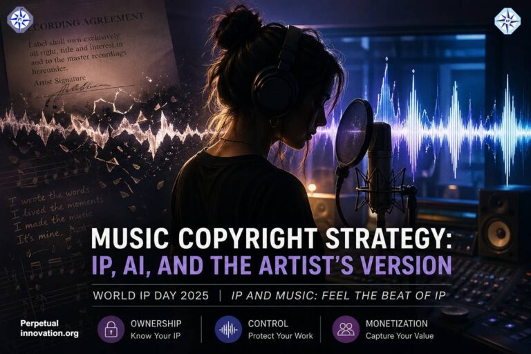 Music copyright strategy visual showing artist reclaiming ownership of master recordings through intellectual property rights and AI-era disruption