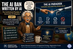 Cartoon-style classroom scene with “The AI Paradox” displayed on a projector screen, illustrating organizational resistance and rapid adoption of generative AI technologies.