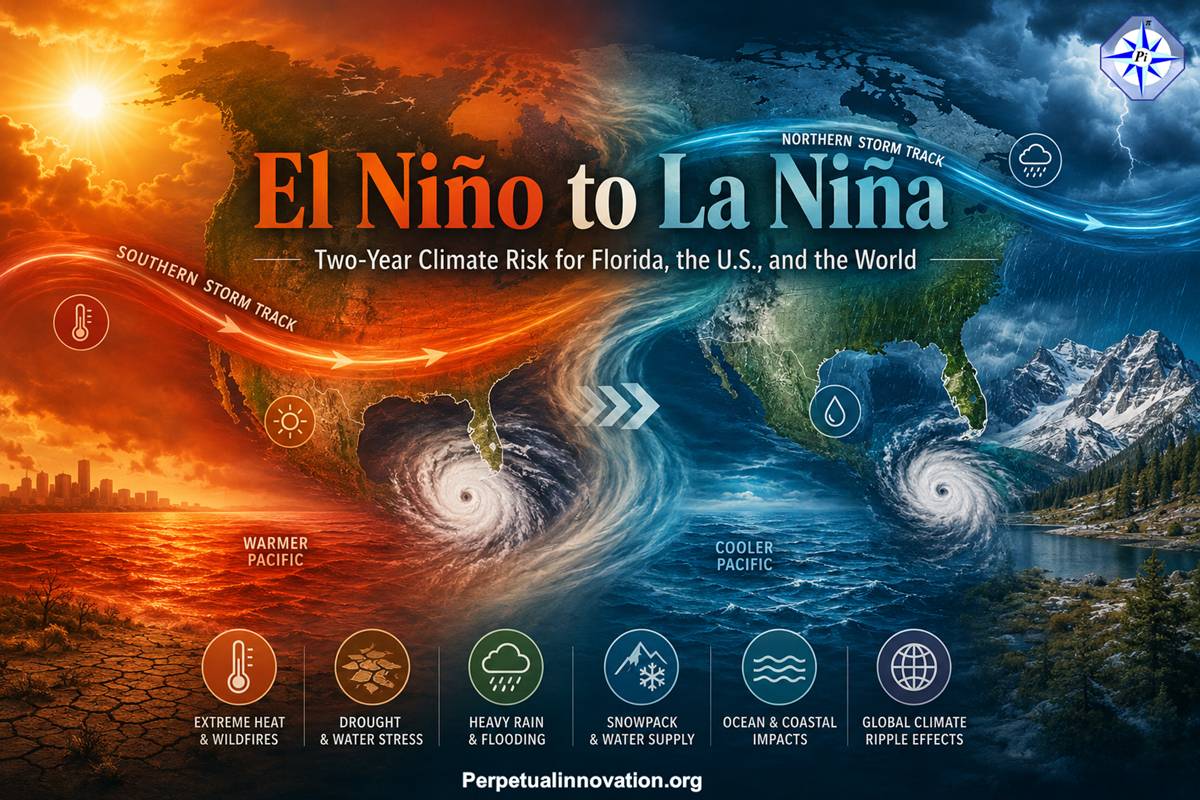 El Niño to La Niña feature image showing two-year climate risk for Florida, the U.S., and the world.