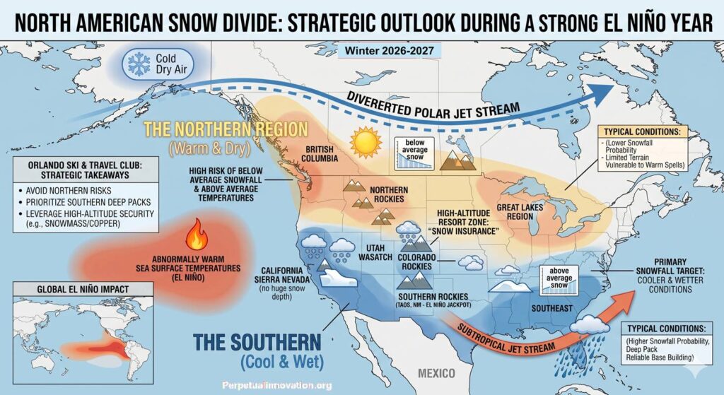 El Niño Risk Map showing the 2026–2027 winter snow pattern and southern storm track across North America.