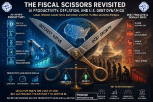 Illustration of the Fiscal Scissors concept showing AI-driven productivity, deflation, and U.S. debt dynamics impacting economic growth and interest rates