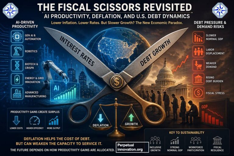 Illustration of the Fiscal Scissors concept showing AI-driven productivity, deflation, and U.S. debt dynamics impacting economic growth and interest rates