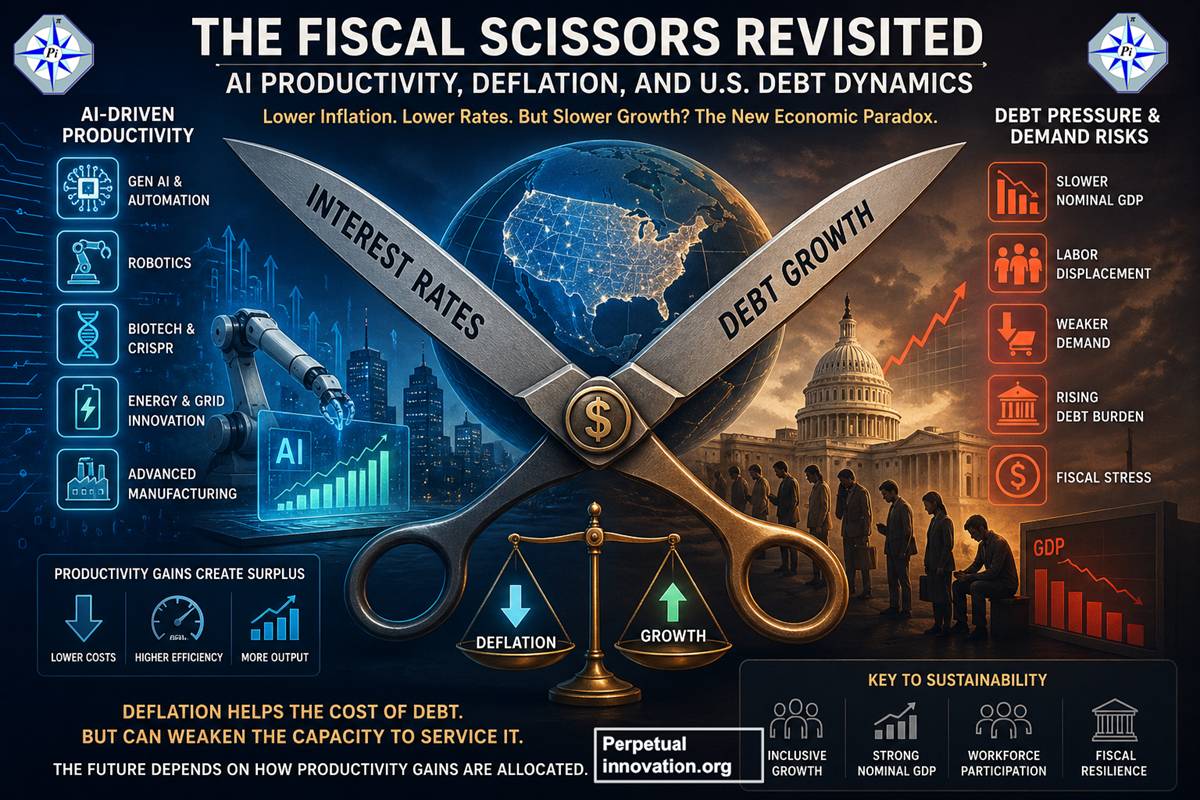 Illustration of the Fiscal Scissors concept showing AI-driven productivity, deflation, and U.S. debt dynamics impacting economic growth and interest rates