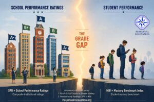 Illustration of Florida’s education grade gap showing School Performance Ratings on the left as tall school buildings with A and B grades, and Student Performance on the right as a student bar chart, highlighting the gap between institutional ratings and student mastery.