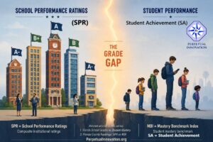 Illustration of Florida’s education grade gap showing School Performance Ratings on the left as tall school buildings with A and B grades, and Student Performance on the right as a student bar chart, highlighting the gap between institutional ratings and student mastery.