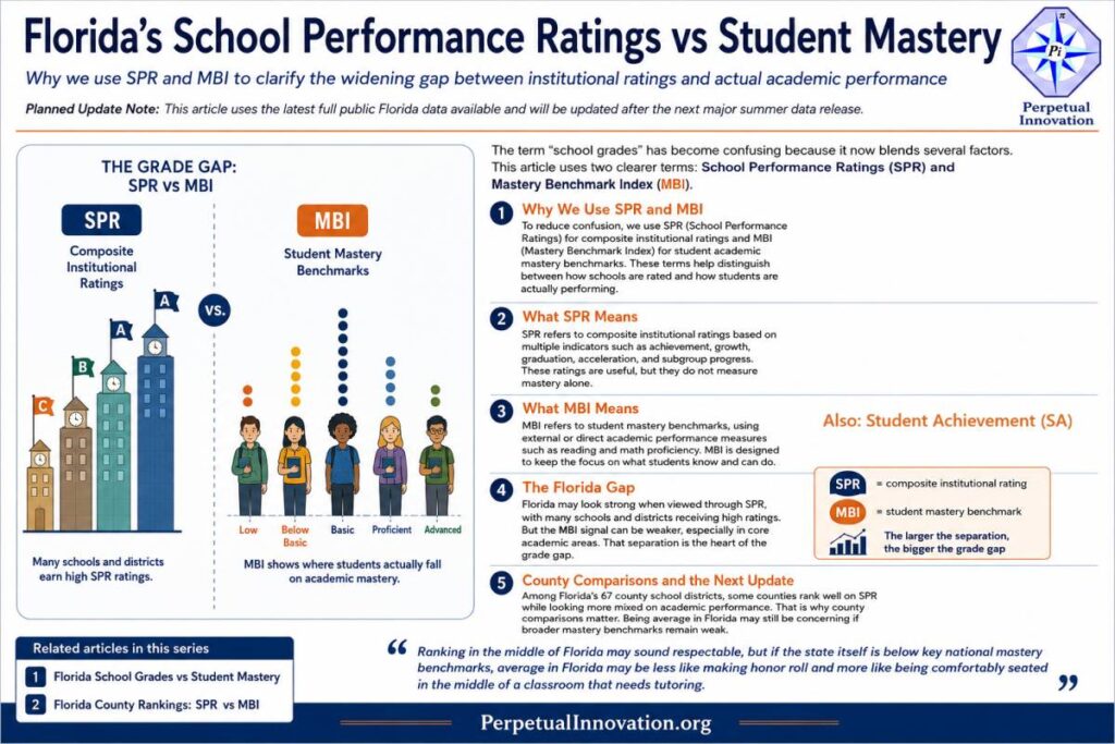 Infographic explaining Florida’s School Performance Ratings (SPR) versus Mastery Benchmark Index (MBI), showing the difference between composite institutional ratings and student mastery benchmarks, and illustrating the grade gap in Florida education.