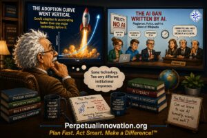 Cartoon professor studying two digital screens showing rapid Generative AI adoption and AI policy contradictions, illustrating “The AI Paradox” and changing technology adoption patterns.