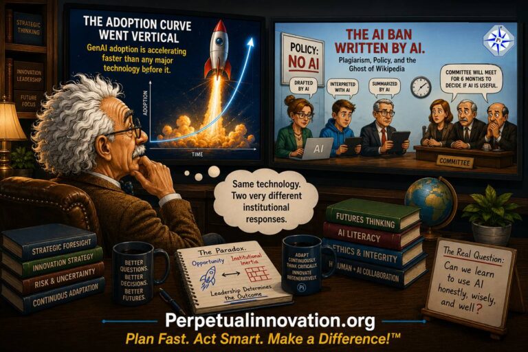 Cartoon professor studying two digital screens showing rapid Generative AI adoption and AI policy contradictions, illustrating “The AI Paradox” and changing technology adoption patterns.