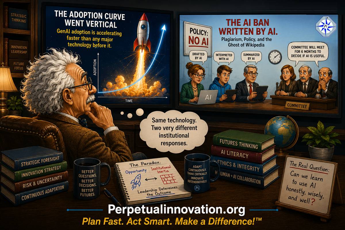 Cartoon professor studying two digital screens showing rapid Generative AI adoption and AI policy contradictions, illustrating “The AI Paradox” and changing technology adoption patterns.