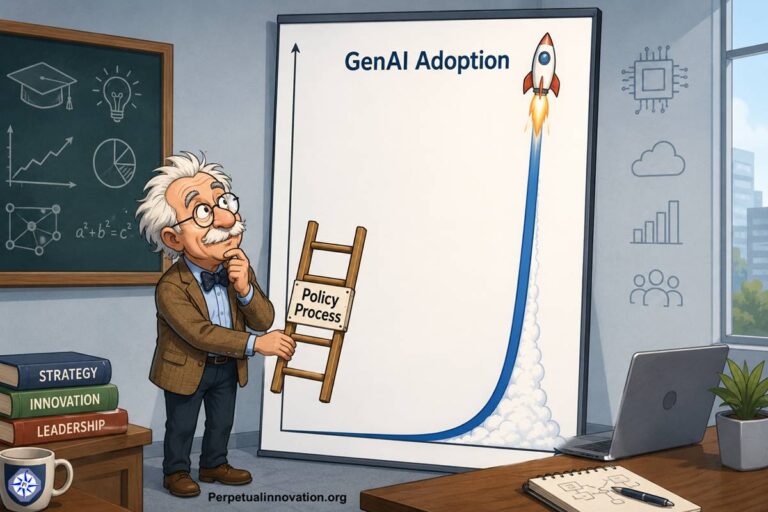 Cartoon professor holding a short policy ladder beside a vertical GenAI adoption curve, illustrating how AI adoption is moving faster than institutional policy.