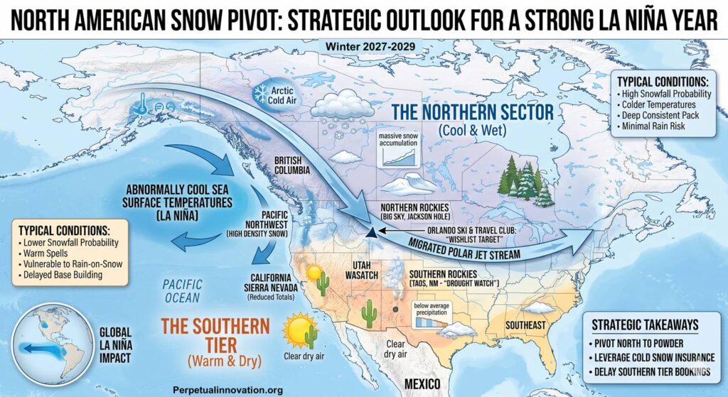 La Niña Pivot map showing the 2027–2028 winter snow pattern and northern storm track across North America.