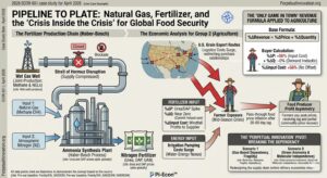 Infographic showing the Haber-Bosch process converting natural gas from wet wells into nitrogen fertilizer, illustrating the 56% input cost spike for farmers, the only-game-in-town revenue formula, and the shift to green ammonia in Scenario 3