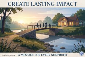 Editorial feature image titled Create Lasting Impact showing children crossing a footbridge at dawn toward a library