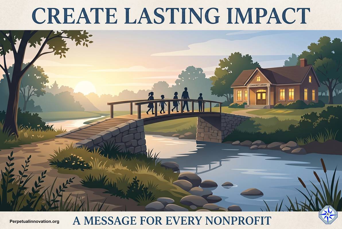 Editorial feature image titled Create Lasting Impact showing children crossing a footbridge at dawn toward a library