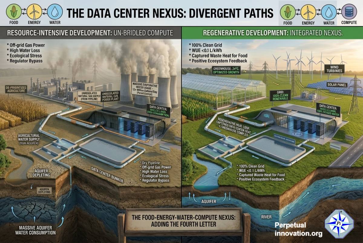 Split-screen contrast: fossil-fueled data center straining farmland and water beside a regenerative FEW-Compute Nexus.