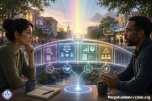 Two people with different viewpoints use a glowing GenAI bridge to organize facts, evidence, values, and concerns during a constructive discussion.