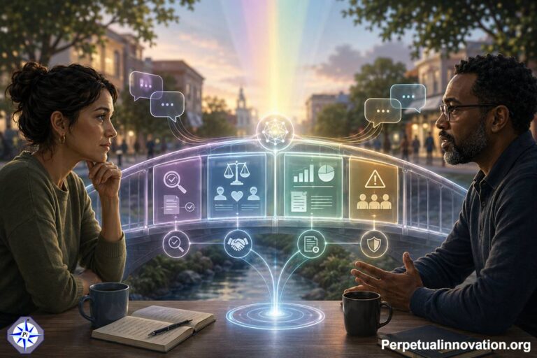 Two people with different viewpoints use a glowing GenAI bridge to organize facts, evidence, values, and concerns during a constructive discussion.