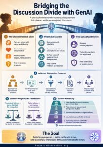 Infographic explaining how GenAI can improve disagreement by separating facts, assumptions, values, emotions, and evidence through a five-step discussion process.