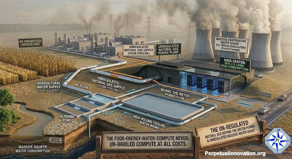 Fossil fuel-powered data center straining farmland, water, and grid inside an out-of-balance Food-Energy-Water-Compute Nexus.