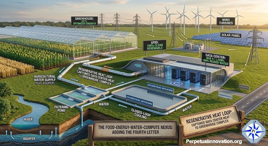 Regenerative data center inside the Food-Energy-Water-Compute Nexus: solar, batteries, closed-loop water, and heat recovery.