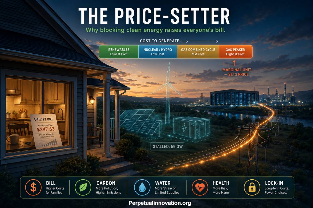 A modest American home at dusk receiving power from a distant data center complex, with unbuilt solar, wind, and battery storage shown as ghost outlines in between.