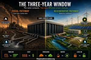 AI data center powered behind the meter by solar, wind, and battery storage — the clean alternative to natural gas turbines.