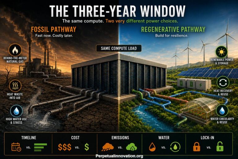 AI data center powered behind the meter by solar, wind, and battery storage — the clean alternative to natural gas turbines.
