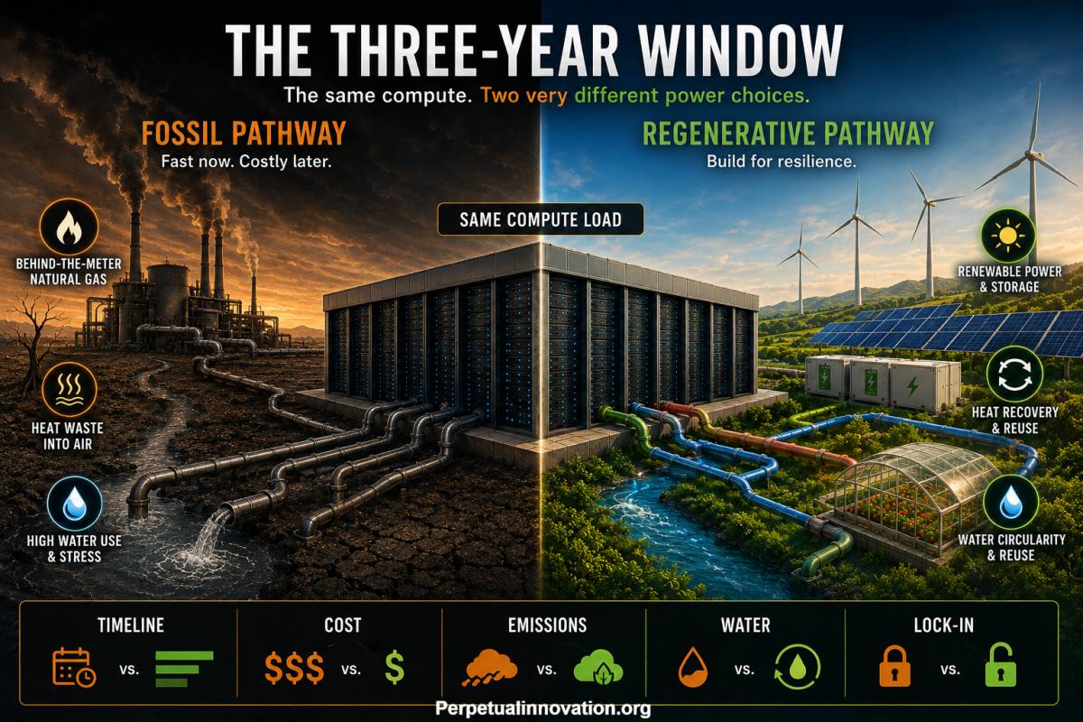 AI data center powered behind the meter by solar, wind, and battery storage — the clean alternative to natural gas turbines.